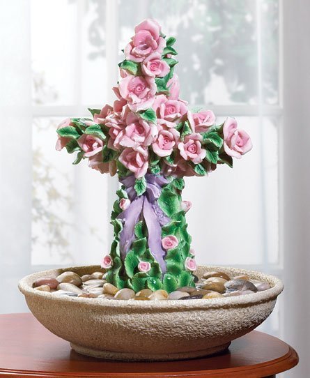 Rose-Covered Cross Water Fountain