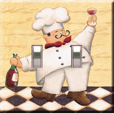 Kitchen Chef w/Wine Handcrafted Double Switchplate Cover