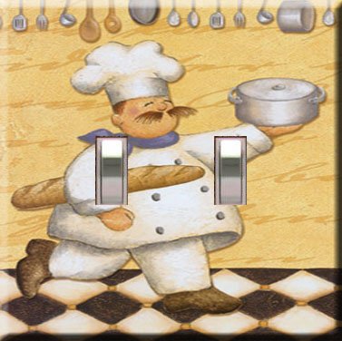 Kitchen Chef w/Bread Handcrafted Double Switchplate Cover