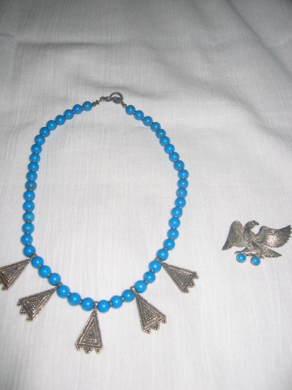Turquoise Gemstone Necklace with Silver Pendants and matching broach