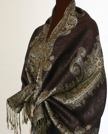 Metallic Paisley Pashmina Style Shawl - Chocolate Brown