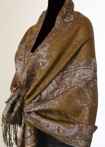 Metallic Paisley Pashmina Style Shawl - Taupe Color.