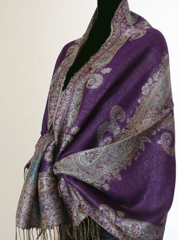 Metallic Paisley Pashmina Style Shawl - Purple.