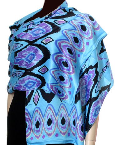 Hand Printed Satin Scarf - Azure Blue.