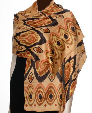 Hand Printed Satin Scarf - Golden Caramel color.