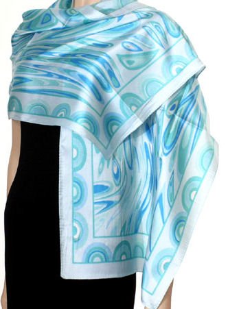 Hand Printed Satin Scarf - Blue ~ Green