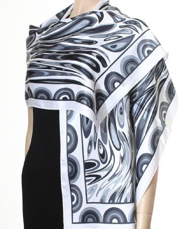 Hand Printed Satin Scarf - Black and silver.