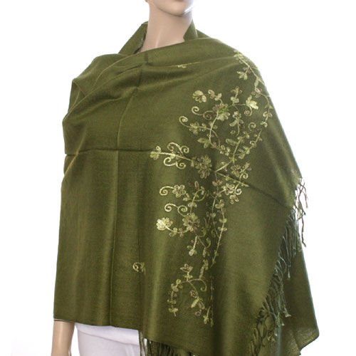 Flower Embroidery Pashmina Style Wrap - Olive