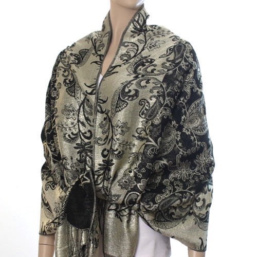 Rich Metallic Gitter Pashmina Shawl with Flower Patterns- Black Accent