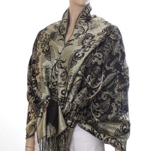 Rich Metallic Gitter Pashmina Shawl with Flower Patterns- Brown Accent