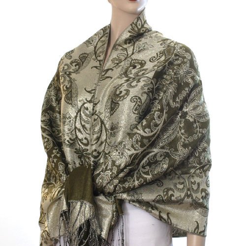 Rich Metallic Gitter Pashmina Shawl with Flower Patterns- Olive Accent