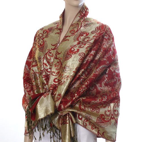 Rich Metallic Gitter Pashmina Shawl with Flower Patterns- Red Accent