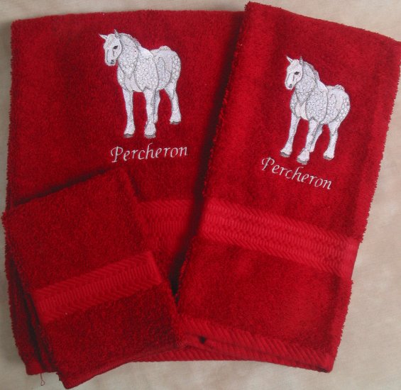 Embroidered Percheron Horse Dark Red Bath Towel Set