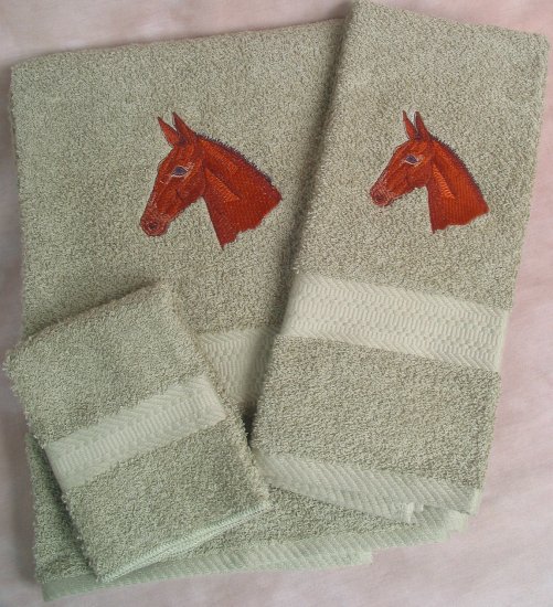 Embroidered Mule Head on Sage Bath Towel Set