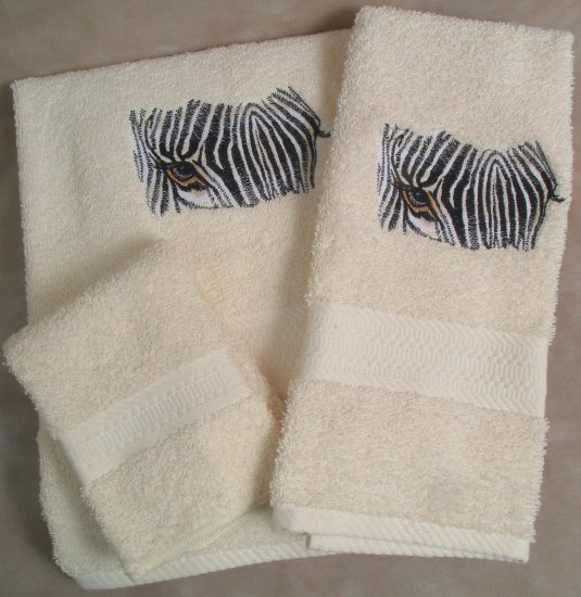 Embroidered Zebra Cream Wash Hand Bath Towels Set