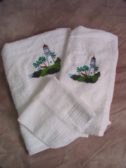 Embroidered LIGHTHOUSE Diamond Head Wash Hand Bath Towel Set NEW