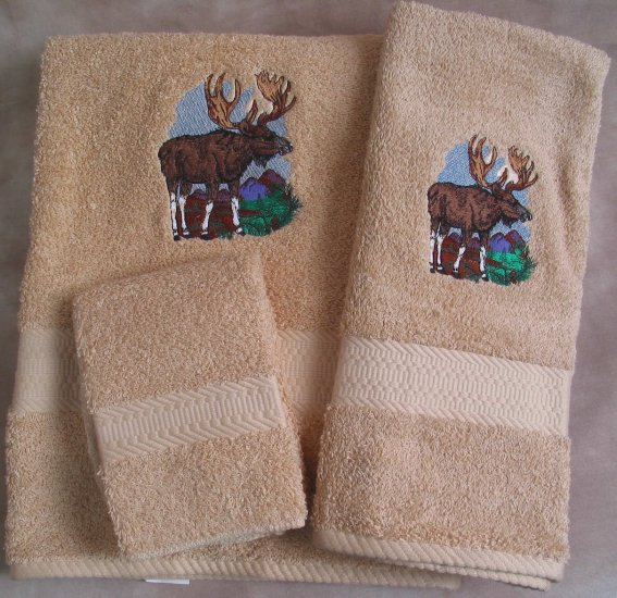 Embroidered Moose Beige Wash Hand Bath Towels Set