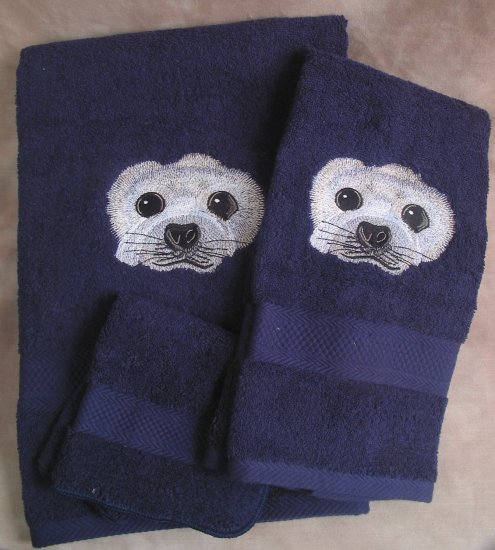 Embroidered Harp SEAL Dark Blue Wash Hand Bath Towels Set