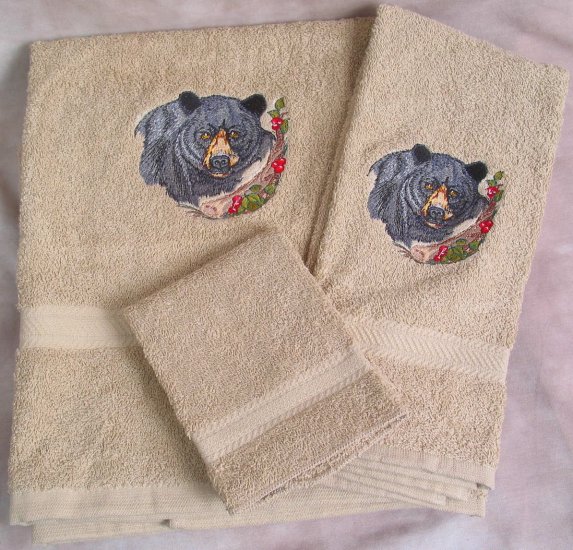 Embroidered Black Bear on Beige Bath Towel Set