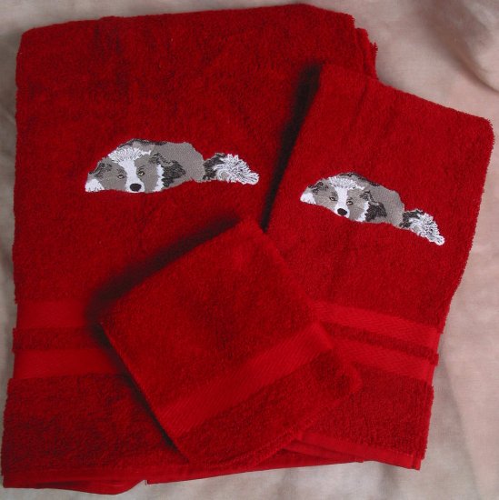 Embroidered Border Collie DOG Red Bath Towels Set