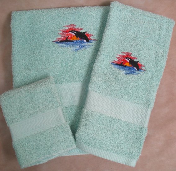 Embroidered Killer Whale Wash Hand Bath Towel Set