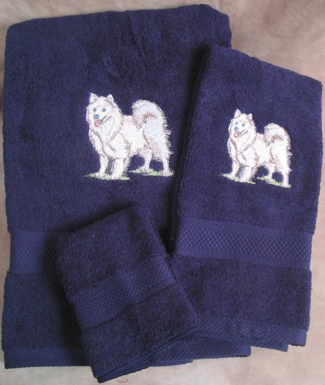 Embroidered Husky DOG Dark Blue Bath Towels Set