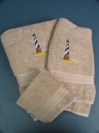 Embroidered Hatteras Lighthouse Beige Wash Hand Bath Towel Set
