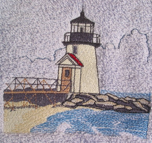 Embroidered Brant Point Lighthouse Beige Wash Hand Bath Towels Set
