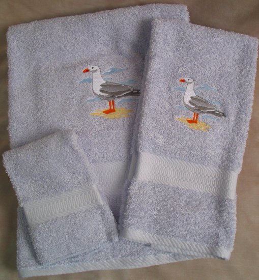 Embroidered Seagull Blue Wash Hand Bath Towels Set
