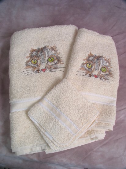 Embroidered CAT Face Cream Wash Hand Bath Towel Set