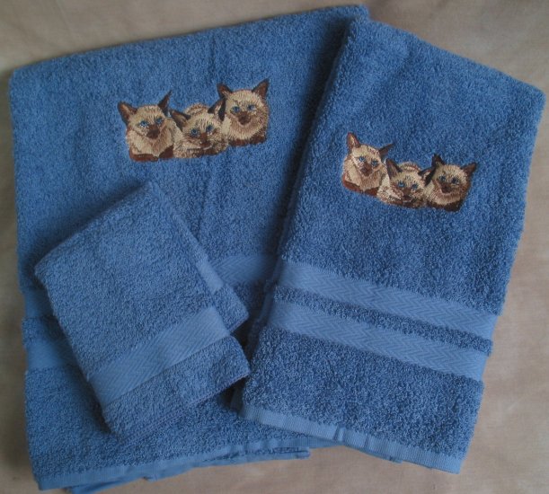Embroidered Siamese CATS Blue Wash Hand Bath Towels Set