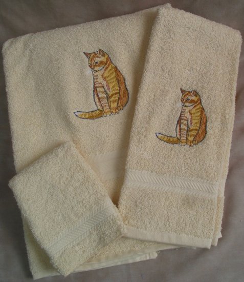 Embroidered Yellow Tiger Stripe Cat Cream Wash Hand Bath Towels Set
