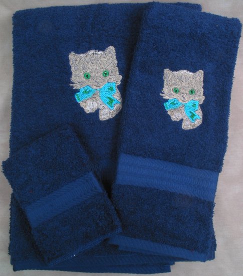 Embroidered Kitten w/Bow CAT Dark Blue Wash Hand Bath Towels Set