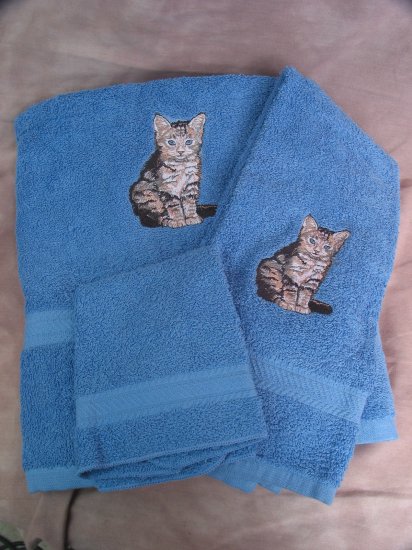Embroidered Tiger Kitten CAT Blue Wash Hand Bath Towels Set
