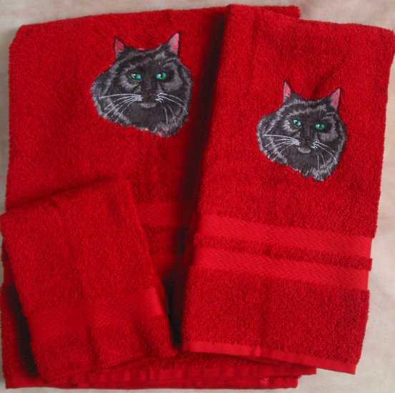 Embroidered Long Hair Black Cat Red Wash Hand Bath Towels Set