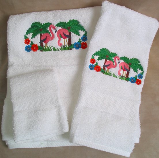 Embroidered Flamingo Pair on White Wash Hand Bath Towels Set