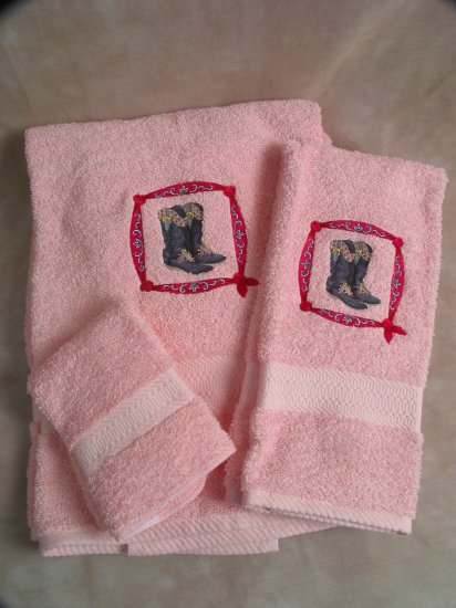 Embroidered Western Boots on Pink Wash Hand Bath Towels Set