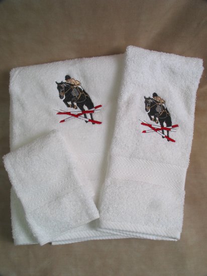 Embroidered English Jumping Horse & Rider Wash Hand Bath Towels Set