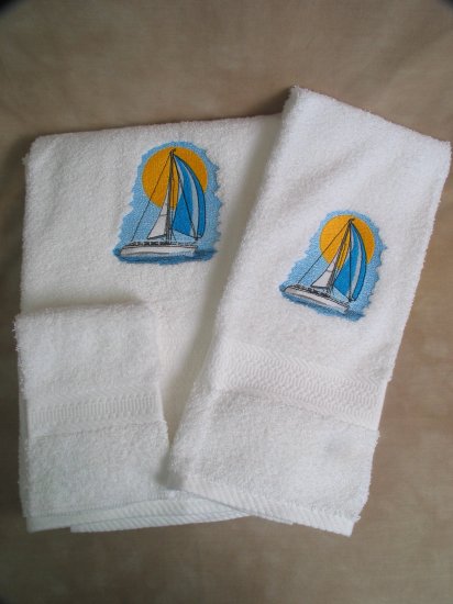 Embroidered Sailboat on White Wash Hand Bath Towels Set