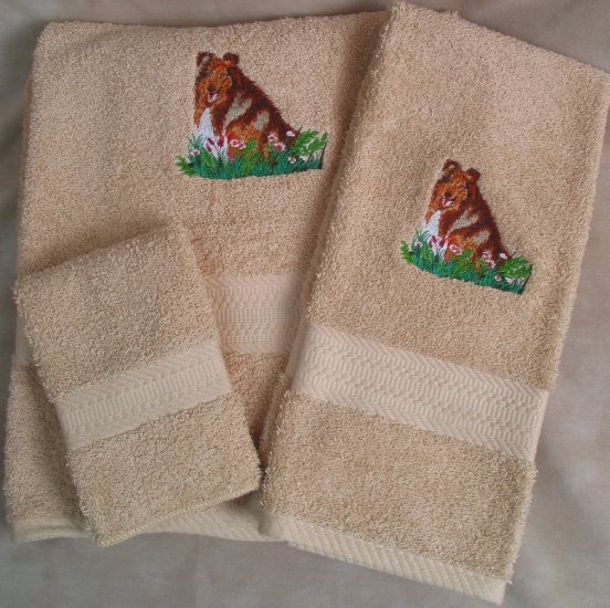 Embroidered Collie on Tan Wash Hand Bath Towels Set