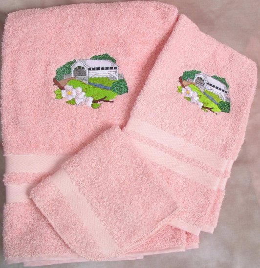 Embroidered White Covered BRIDGE Pk Bath Towels Set