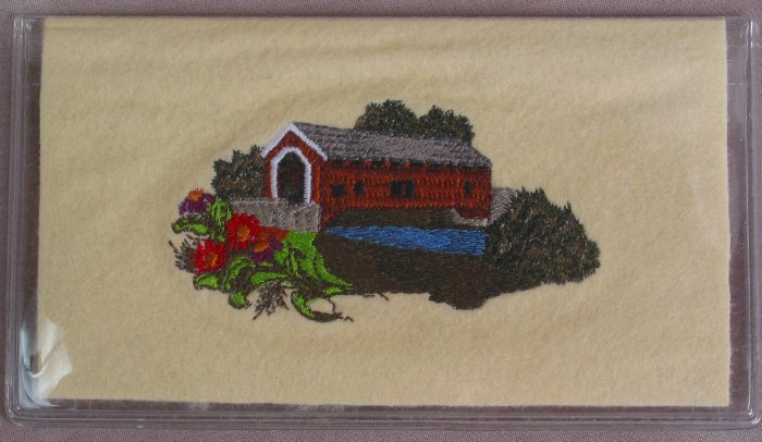 Felt Embroidered Covered Bridge with Flowers Vinyl White Checkbook Cover
