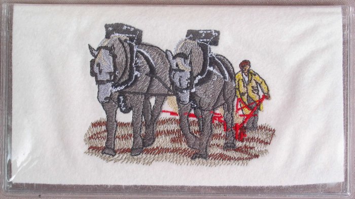 Felt Embroidered Draft Horse Plowing White Vinyl Checkbook Cover