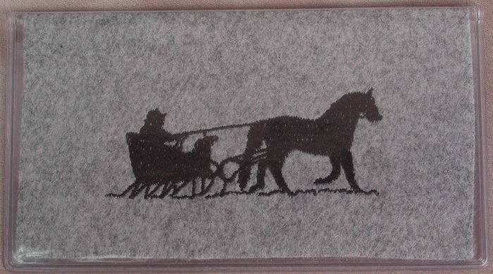 Felt Embroidered Horse & Sleigh Gray Vinyl Checkbook Cover