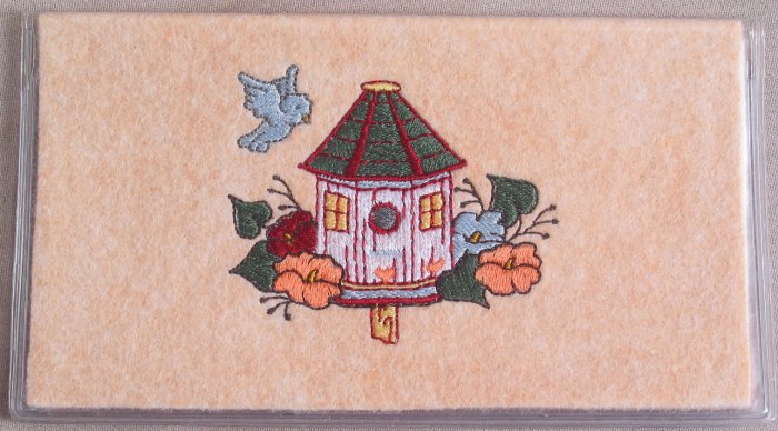Felt Embroidered Bird House Peach Vinyl Checkbook Cover