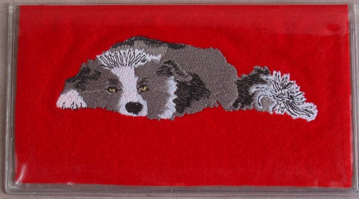 Felt Embroidered Border Collie Red Vinyl Checkbook Cover