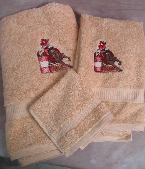 Embroidered Barrel Racer HORSE Beige Wash Hand Bath Towel Set