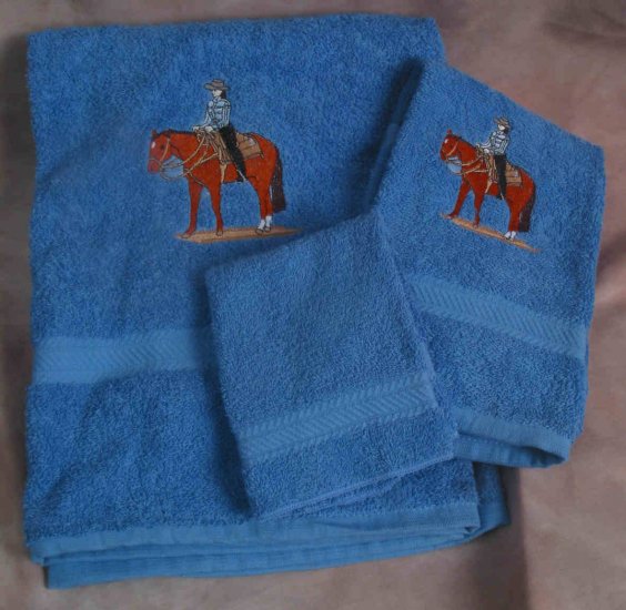 Embroidered Western Pleasure HORSE Medium Blue Wash Hand Bath Towel Set