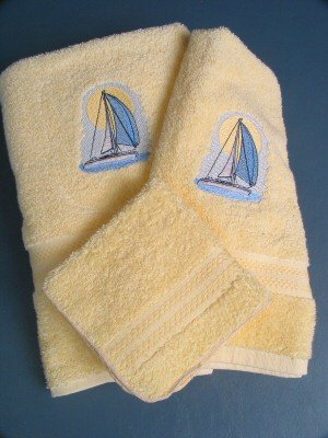 Embroidered Sail Boat Yellow Wash Hand Bath Towel Set
