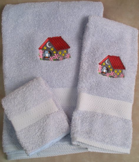 Embroidered Blue bird with Moon & Stars Birdhouse Blue Wash Hand Bath Towel Set